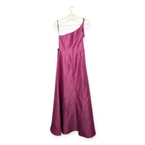 NWT Alfred Sung Tea Rose One Shoulder Satin Twill Draped Slit Formal Gown Size 6 - Picture 2 of 10